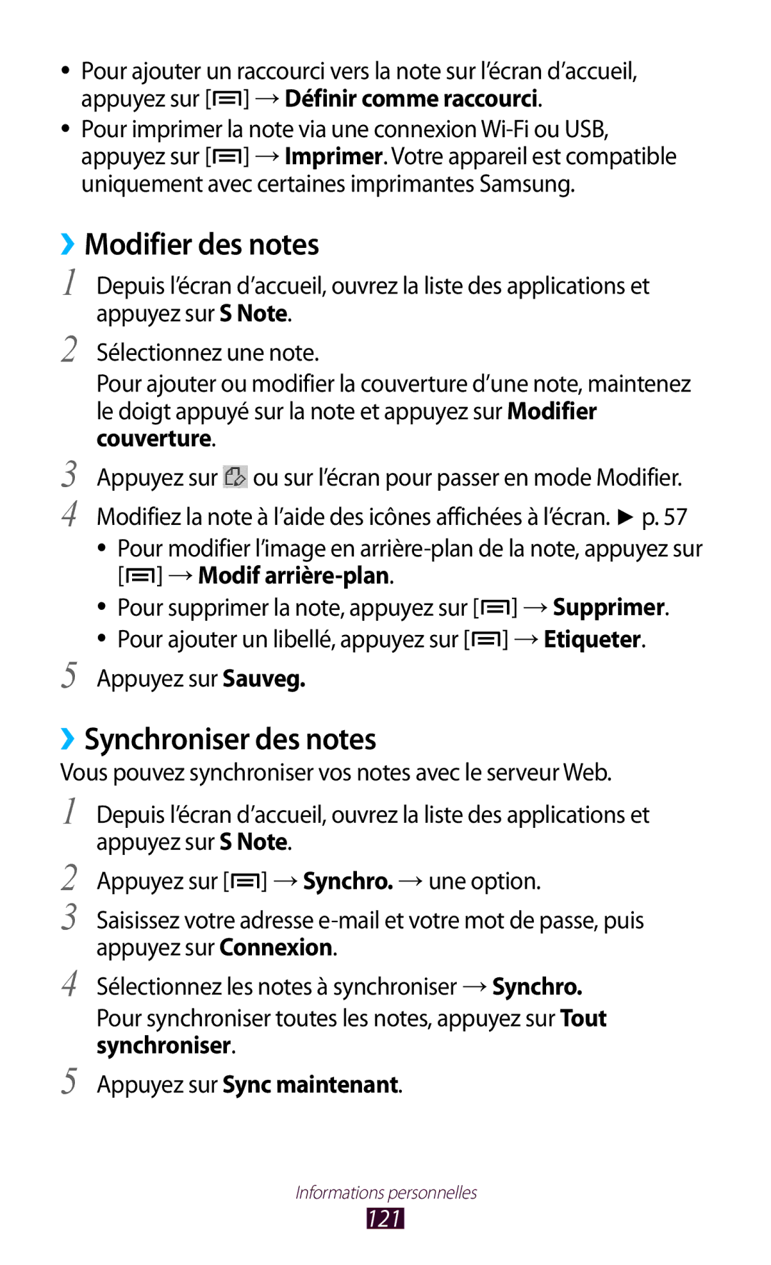 Samsung GT-N7000RWABOG manual ››Modifier des notes, ››Synchroniser des notes, → Modif arrière-plan, → Etiqueter, 121 