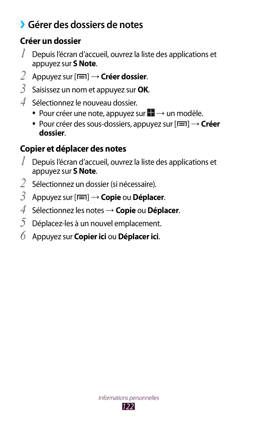 Samsung GT-N7000ZBAXEF, GT-N7000ZIABOG ››Gérer des dossiers de notes, Créer un dossier, Copier et déplacer des notes, 122 