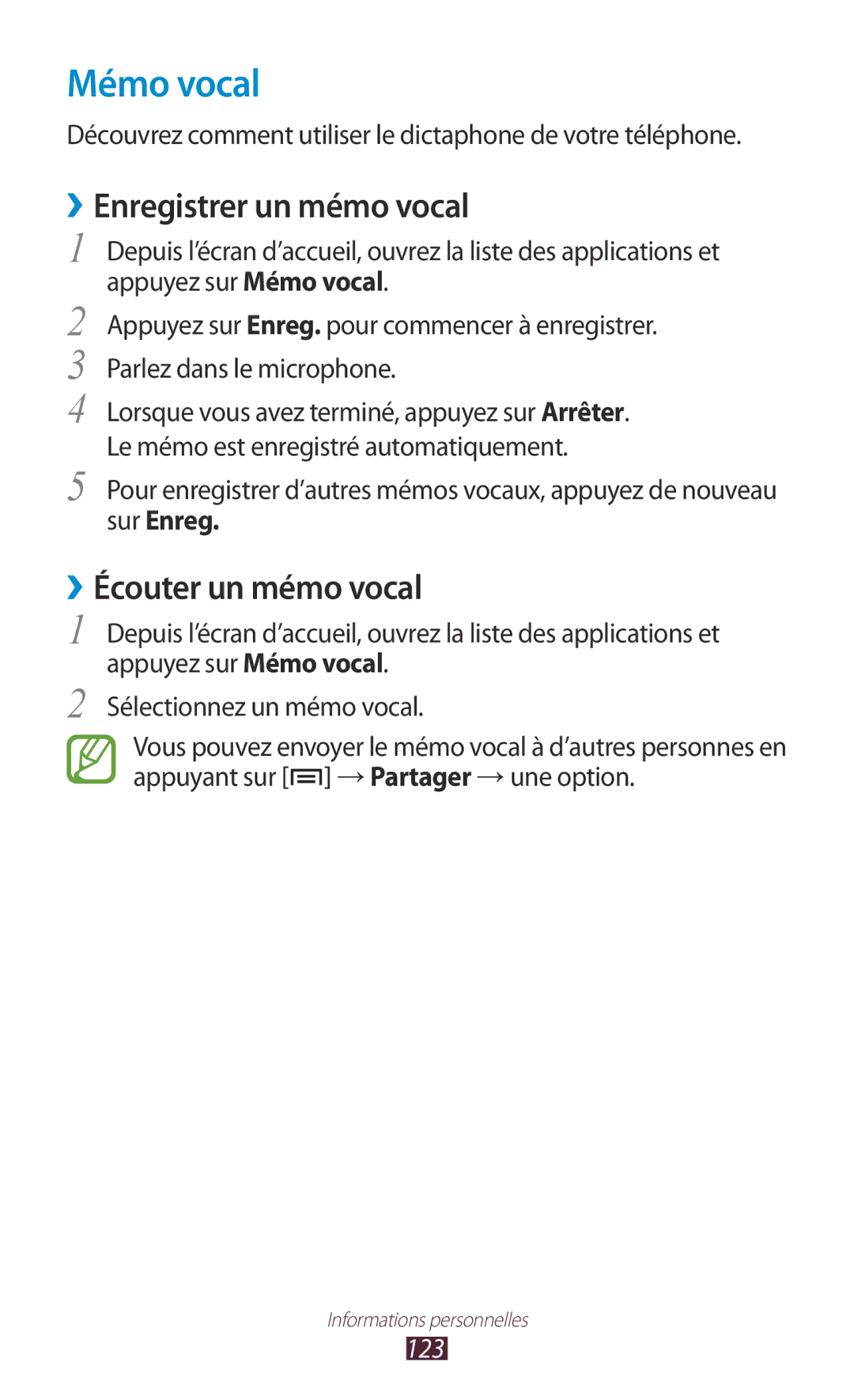 Samsung GT-N7000ZIASFR, GT-N7000ZIABOG Mémo vocal, ››Enregistrer un mémo vocal, ››Écouter un mémo vocal, Sur Enreg, 123 