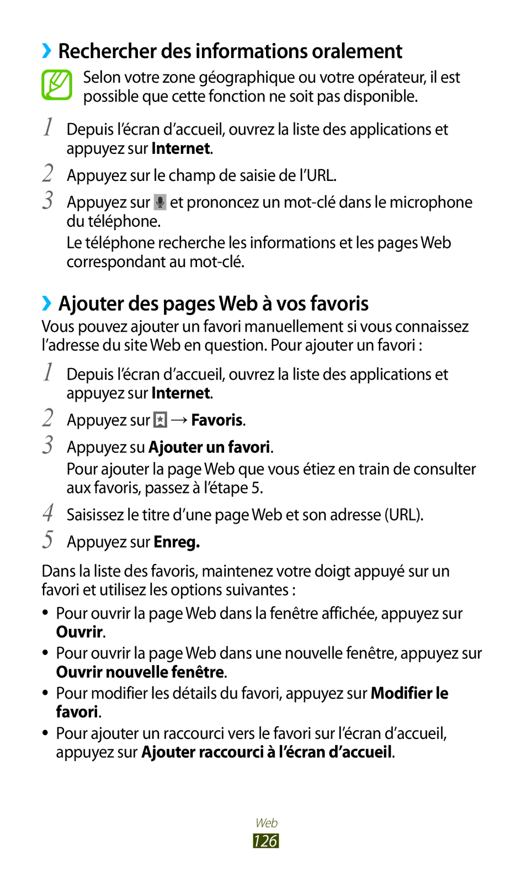 Samsung GT-N7000ZBASFR, GT-N7000ZIABOG ››Rechercher des informations oralement, ››Ajouter des pages Web à vos favoris, 126 