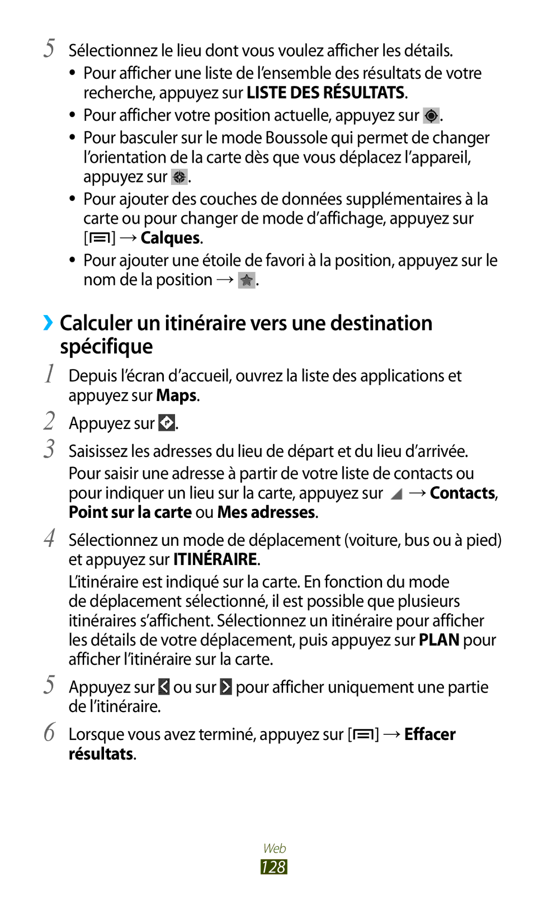 Samsung GT-N7000ZIABOG, GT-N7000ZBAFTM manual ››Calculer un itinéraire vers une destination Spécifique, Résultats, 128 