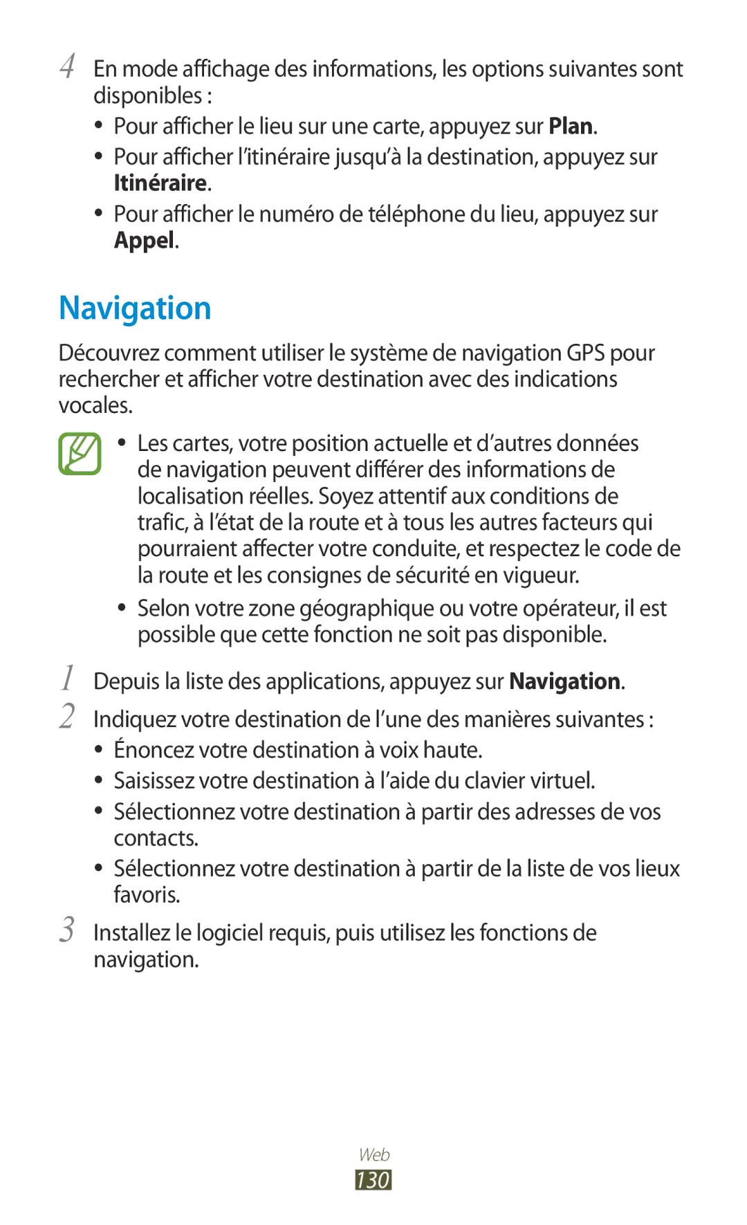 Samsung GT-N7000RWASFR, GT-N7000ZIABOG, GT-N7000ZBAFTM, GT-N7000ZIAXEF, GT-N7000ZBEXEF, GT-N7000ZBEFTM manual Navigation, 130 