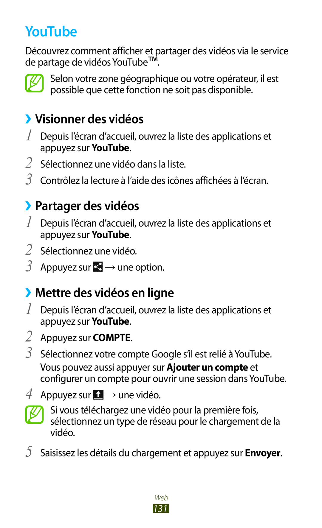 Samsung GT-N7000ZIAXEF manual YouTube, ››Visionner des vidéos, ››Partager des vidéos, ››Mettre des vidéos en ligne, 131 