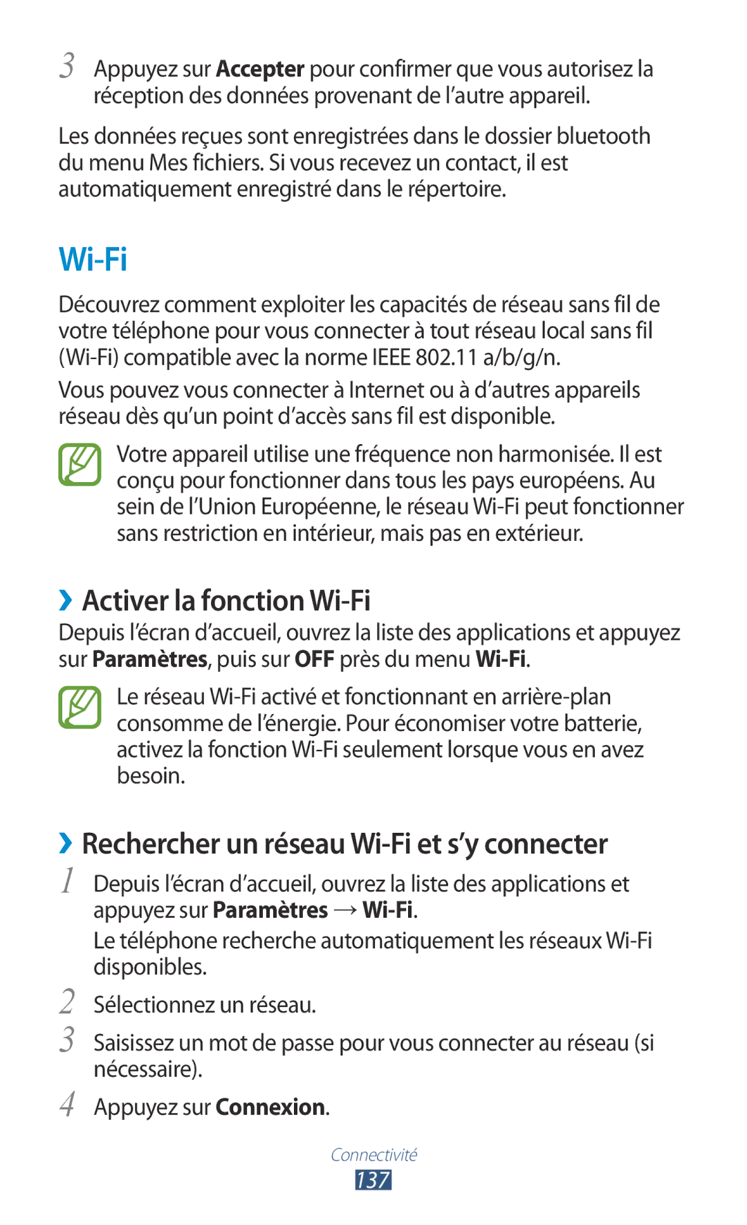 Samsung GT-N7000RWABOG, GT-N7000ZIABOG ››Activer la fonction Wi-Fi, ››Rechercher un réseau Wi-Fi et s’y connecter, 137 