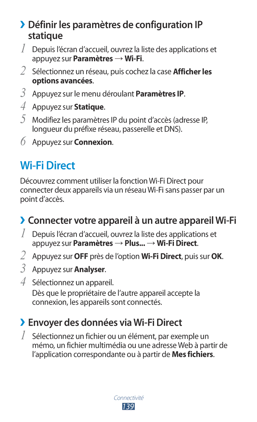 Samsung GT-N7000ZIASFR, GT-N7000ZIABOG manual Wi-Fi Direct, ››Définir les paramètres de configuration IP statique, 139 