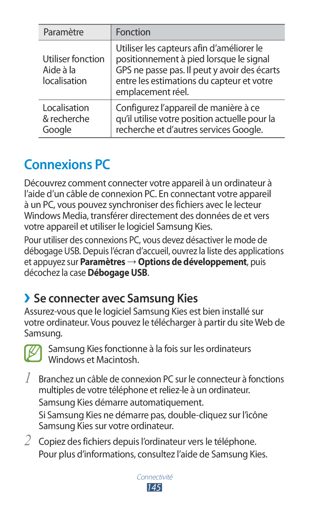 Samsung GT-N7000ZBAFTM, GT-N7000ZIABOG, GT-N7000RWASFR, GT-N7000ZIAXEF Connexions PC, ››Se connecter avec Samsung Kies, 145 