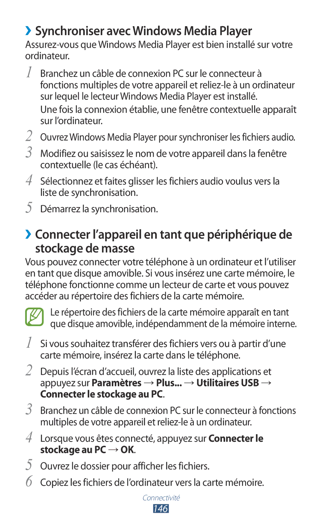 Samsung GT-N7000RWASFR, GT-N7000ZIABOG, GT-N7000ZBAFTM, GT-N7000ZIAXEF manual ››Synchroniser avec Windows Media Player, 146 