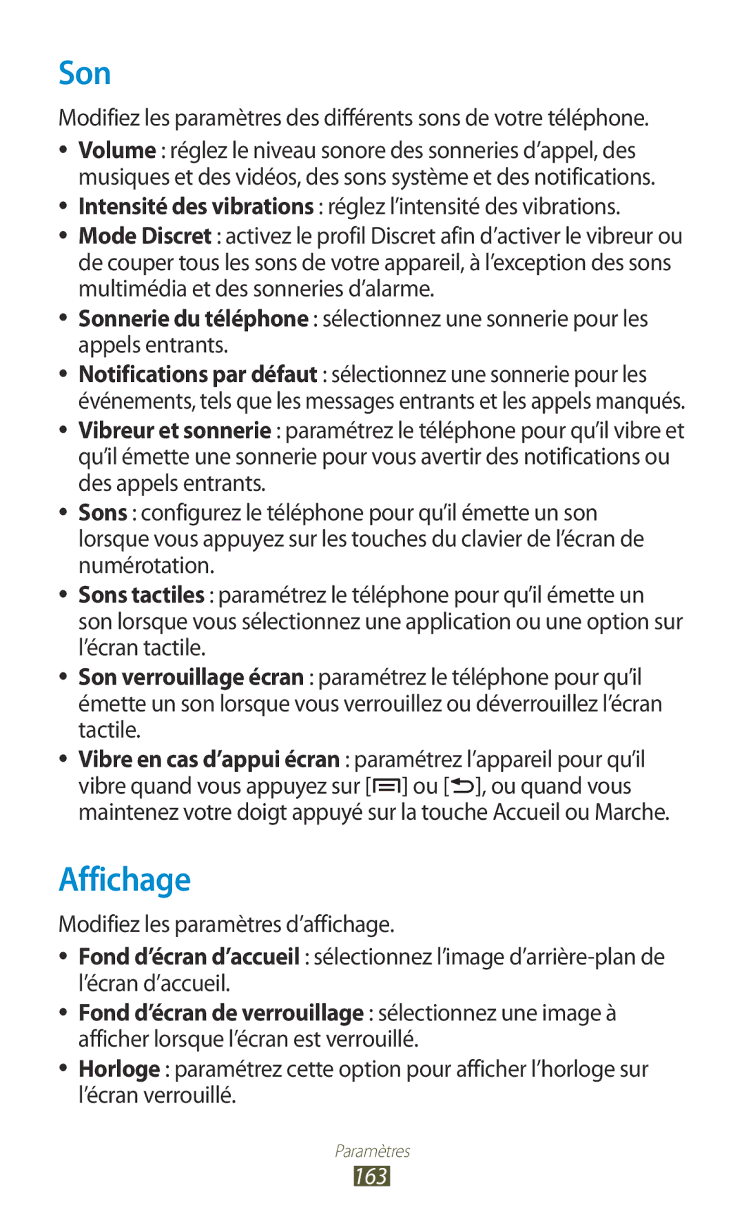 Samsung GT-N7000ZIAXEF, GT-N7000ZIABOG Son, Affichage, Intensité des vibrations réglez l’intensité des vibrations, 163 