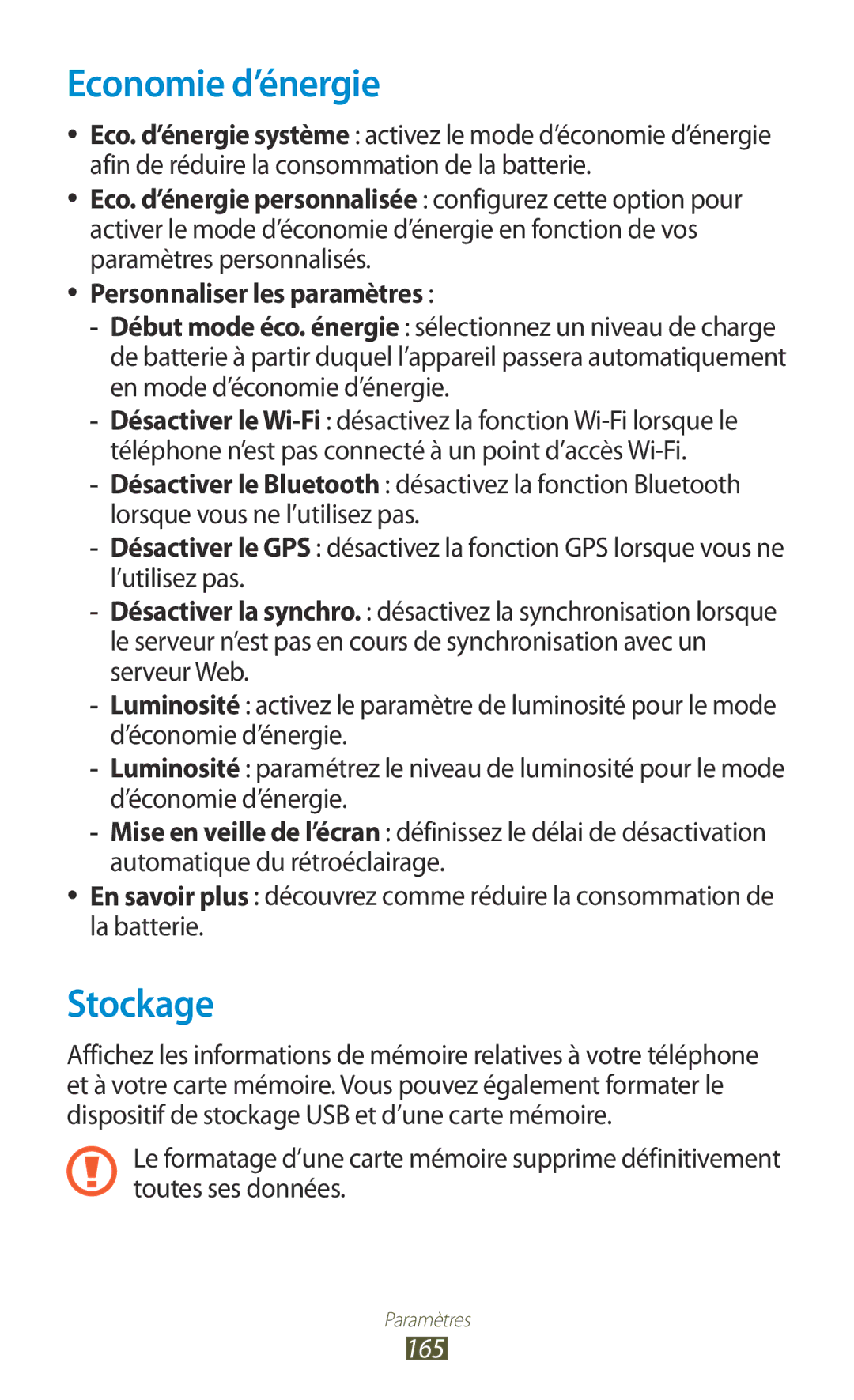 Samsung GT-N7000ZBEFTM, GT-N7000ZIABOG, GT-N7000ZBAFTM, GT-N7000RWASFR, GT-N7000ZIAXEF manual Economie d’énergie, Stockage, 165 