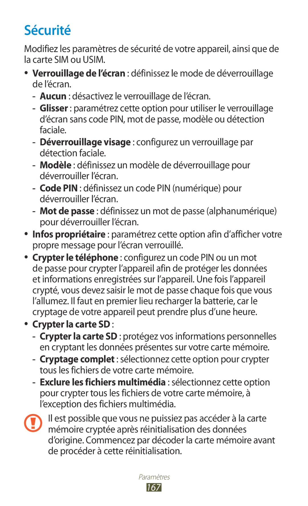 Samsung GT-N7000ZBESFR, GT-N7000ZIABOG, GT-N7000ZBAFTM, GT-N7000RWASFR, GT-N7000ZIAXEF Sécurité, Crypter la carte SD, 167 