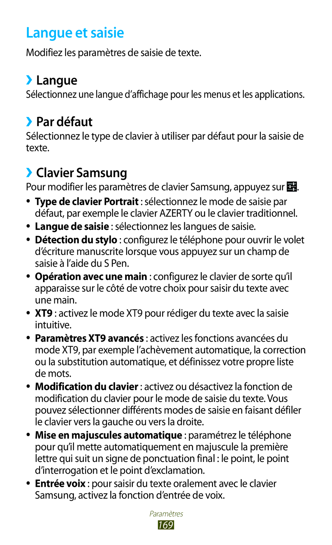 Samsung GT-N7000RWABOG, GT-N7000ZIABOG, GT-N7000ZBAFTM Langue et saisie, ››Langue, ››Par défaut, ››Clavier Samsung, 169 