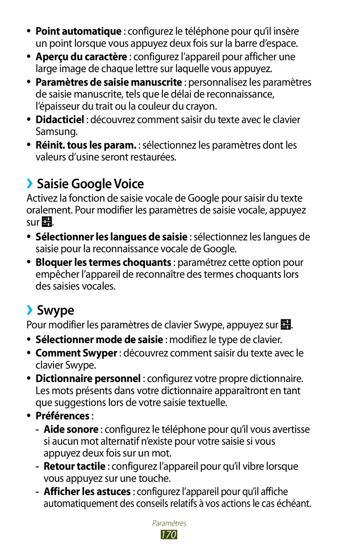 Samsung GT-N7000ZBAXEF, GT-N7000ZIABOG, GT-N7000ZBAFTM, GT-N7000RWASFR manual ››Saisie Google Voice, ››Swype, Préférences, 170 