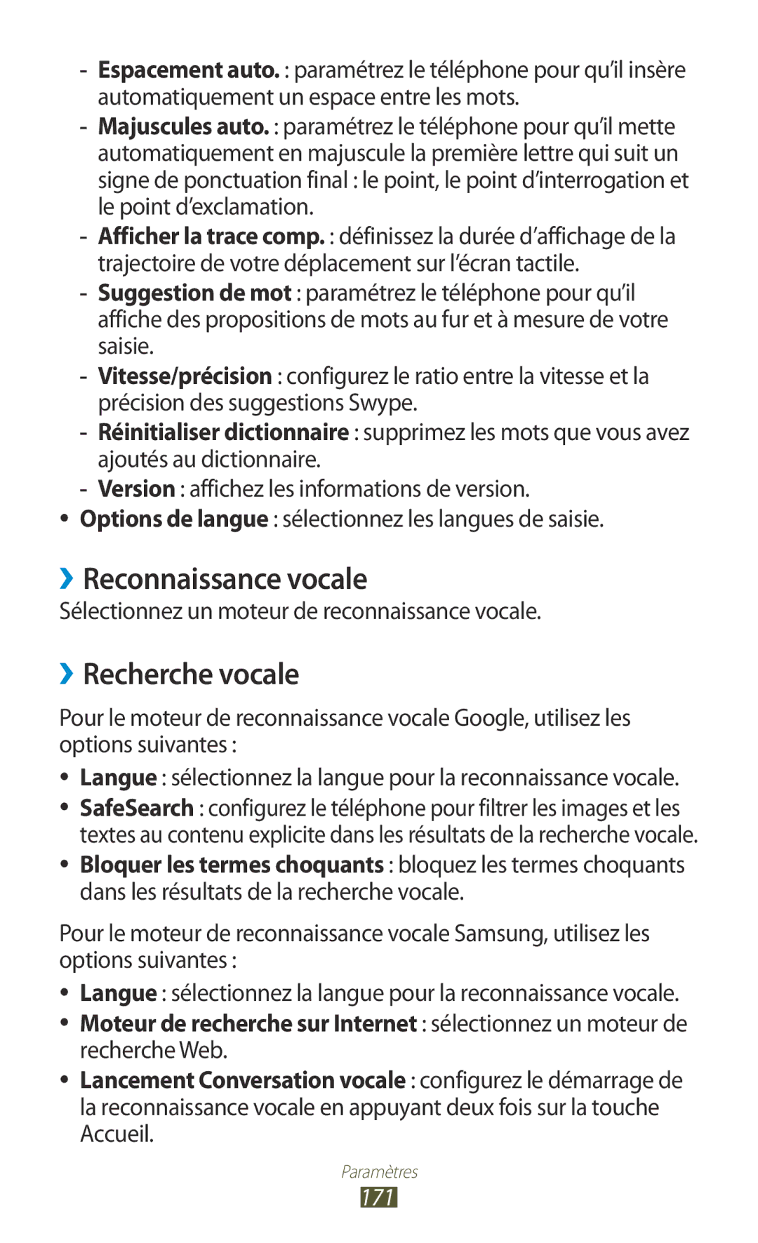 Samsung GT-N7000ZIASFR ››Reconnaissance vocale, ››Recherche vocale, Sélectionnez un moteur de reconnaissance vocale, 171 