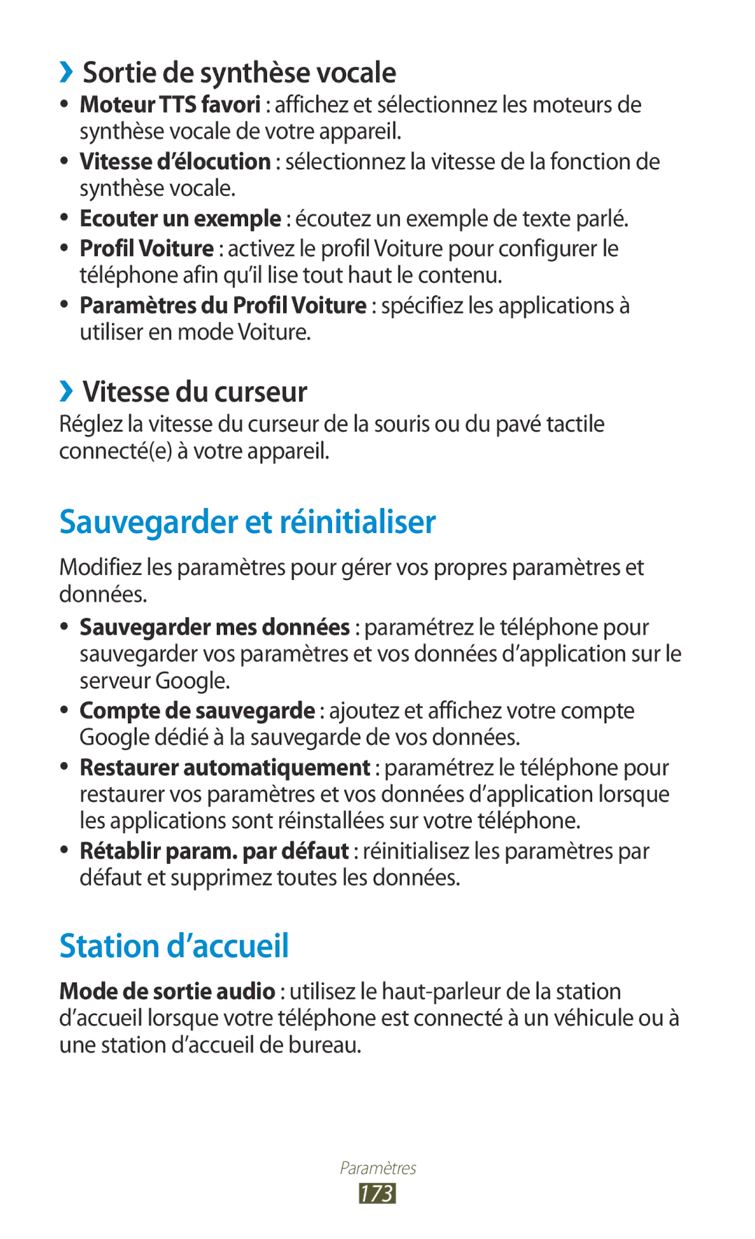 Samsung GT-N7000ZIEXEF Sauvegarder et réinitialiser, Station d’accueil, ››Sortie de synthèse vocale, ››Vitesse du curseur 