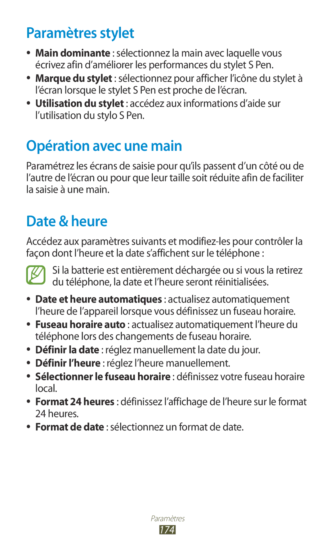 Samsung GT-N7000ZBASFR, GT-N7000ZIABOG, GT-N7000ZBAFTM manual Paramètres stylet, Opération avec une main, Date & heure, 174 