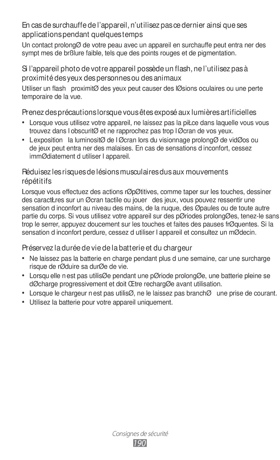 Samsung GT-N7000ZBASFR, GT-N7000ZIABOG, GT-N7000ZBAFTM manual 190, Préservez la durée de vie de la batterie et du chargeur 