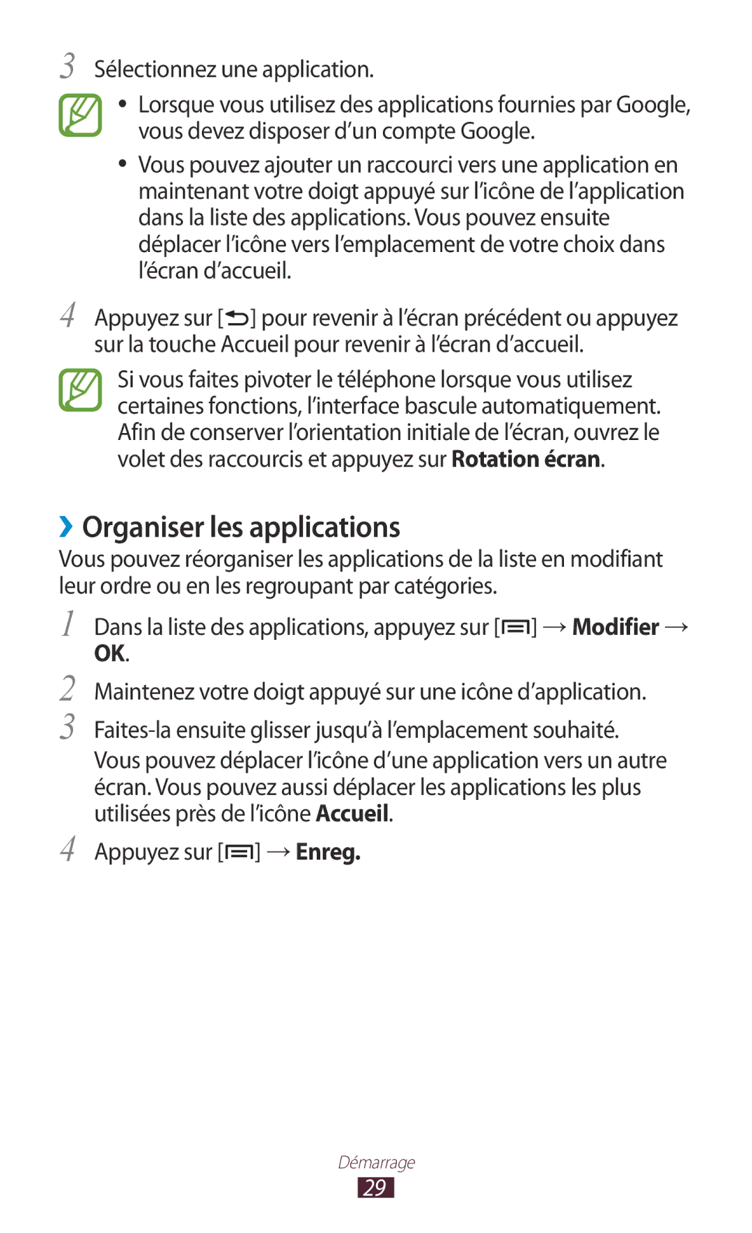 Samsung GT-N7000ZIEXEF, GT-N7000ZIABOG, GT-N7000ZBAFTM, GT-N7000RWASFR, GT-N7000ZIAXEF manual ››Organiser les applications 