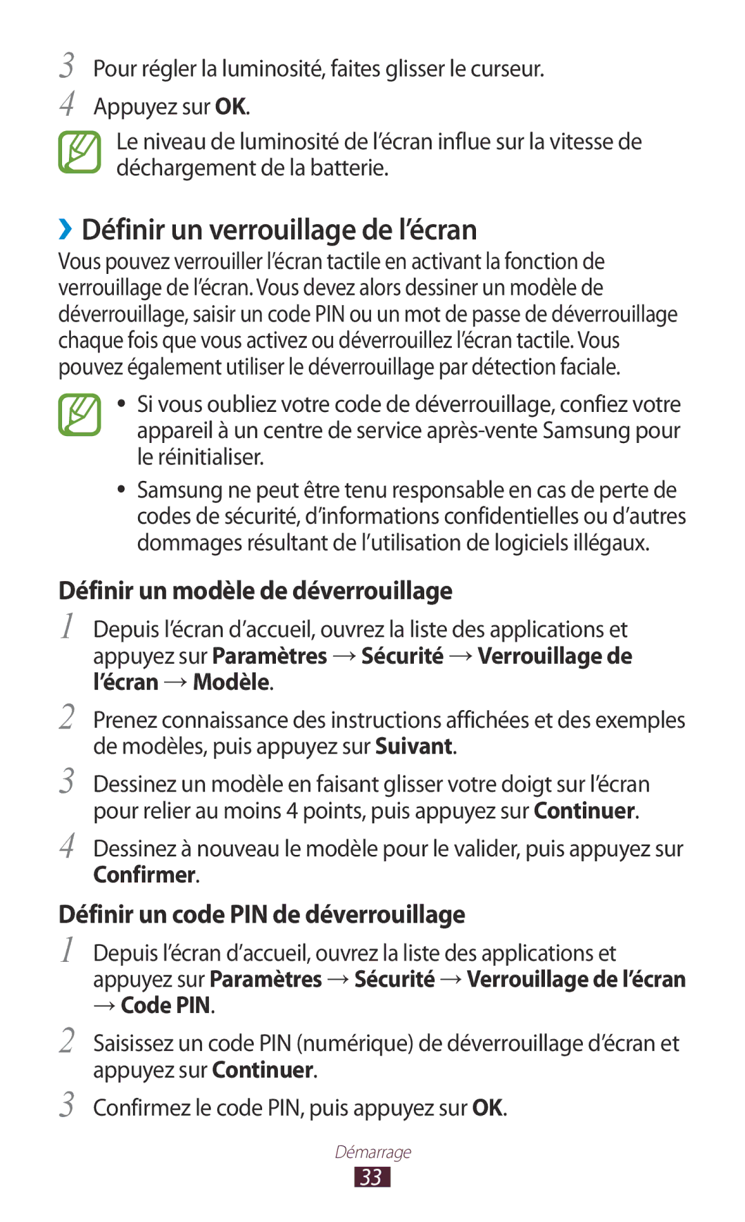 Samsung GT-N7000ZBAFTM ››Définir un verrouillage de l’écran, Définir un modèle de déverrouillage, Confirmer, → Code PIN 