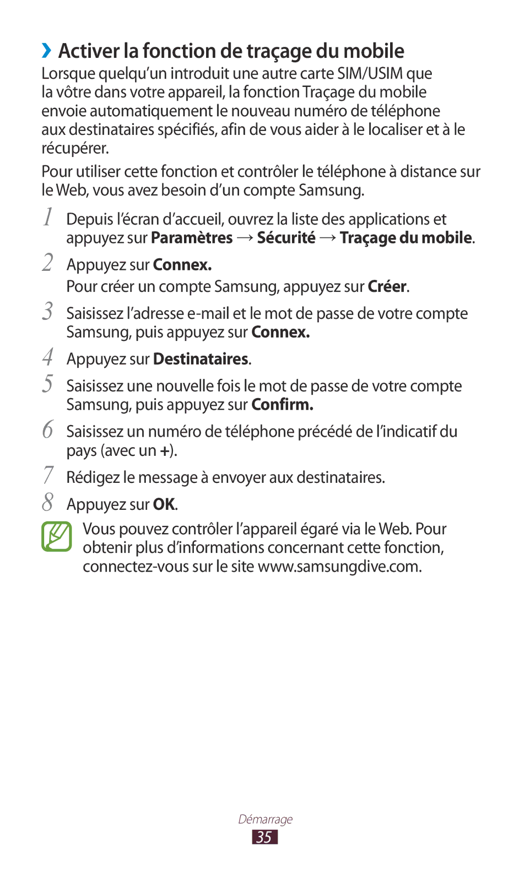 Samsung GT-N7000ZIAXEF, GT-N7000ZIABOG, GT-N7000ZBAFTM, GT-N7000RWASFR manual ››Activer la fonction de traçage du mobile 