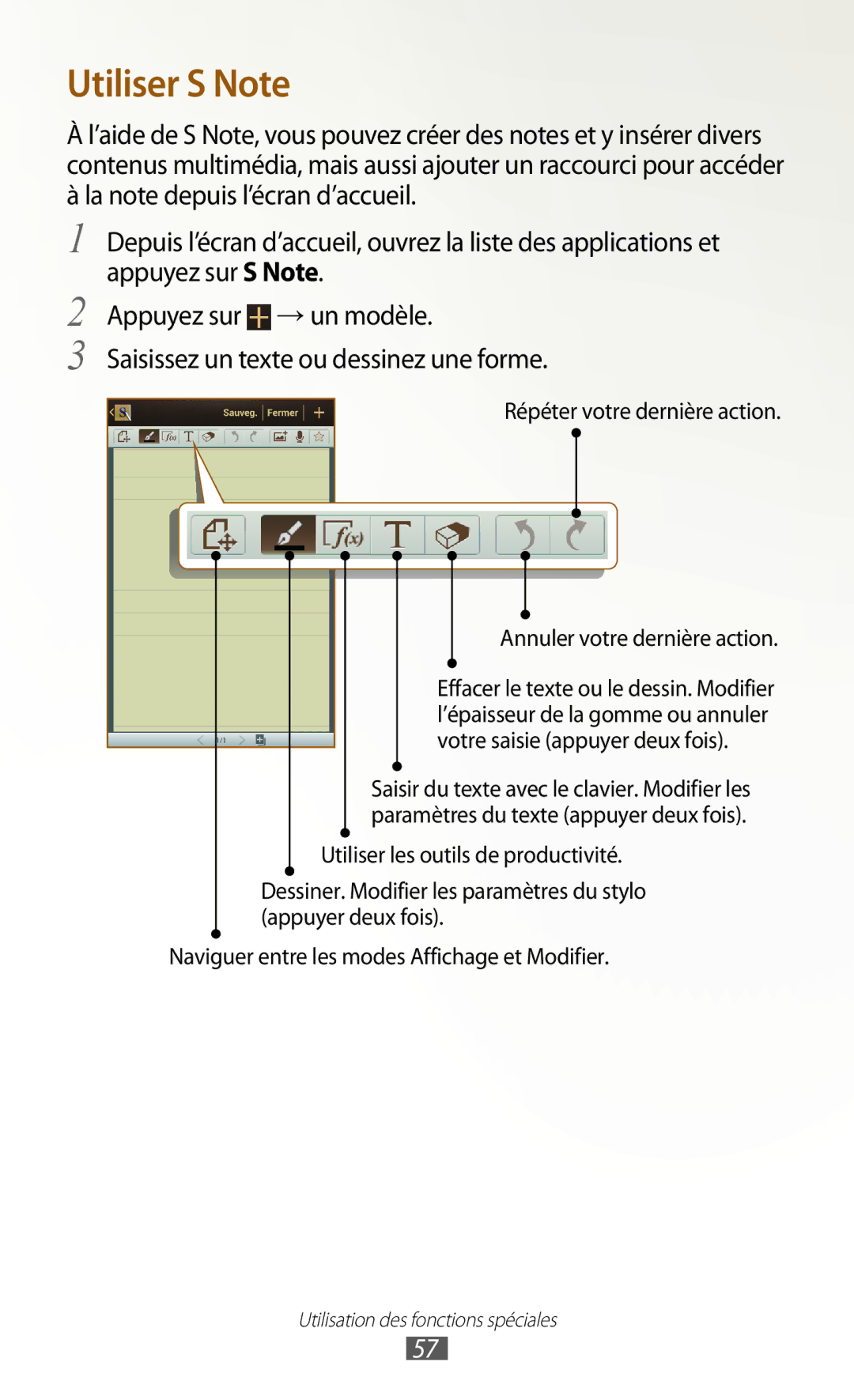 Samsung GT-N7000RWABOG, GT-N7000ZIABOG, GT-N7000ZBAFTM, GT-N7000RWASFR, GT-N7000ZIAXEF, GT-N7000ZBEXEF manual Utiliser S Note 