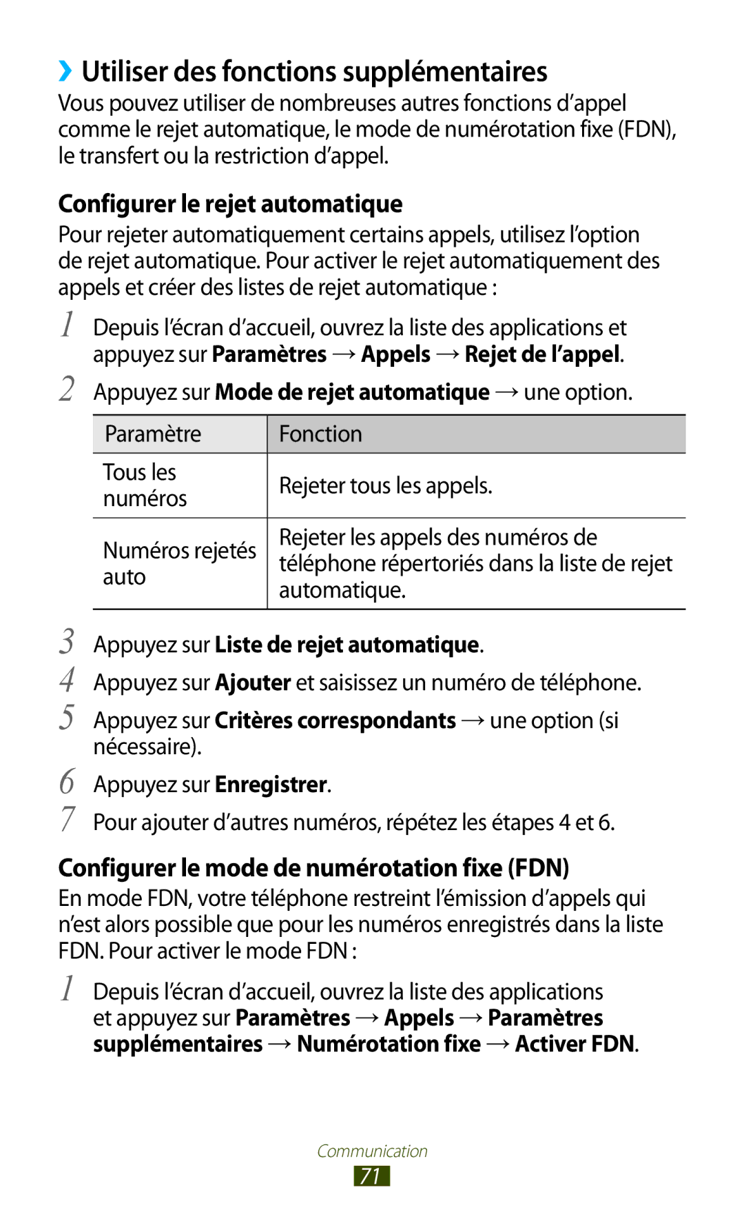 Samsung GT-N7000ZBESFR, GT-N7000ZIABOG manual ››Utiliser des fonctions supplémentaires, Configurer le rejet automatique 