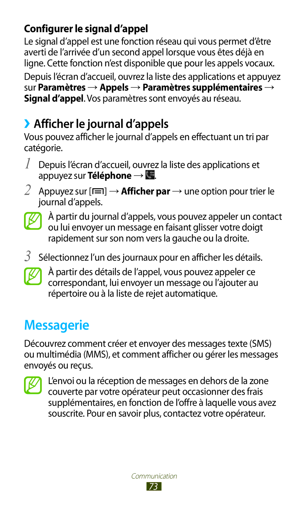 Samsung GT-N7000RWABOG, GT-N7000ZIABOG manual Messagerie, ››Afficher le journal d’appels, Configurer le signal d’appel 