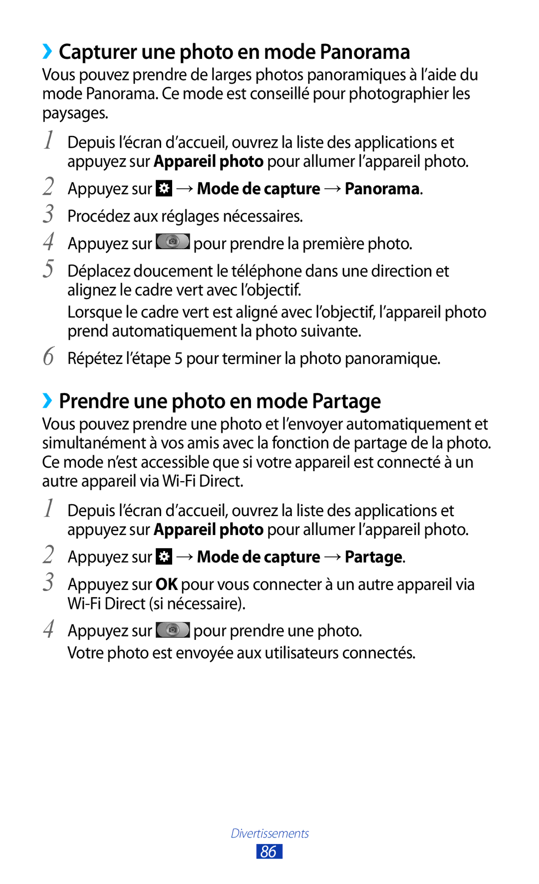 Samsung GT-N7000RWAFTM, GT-N7000ZIABOG manual ››Capturer une photo en mode Panorama, ››Prendre une photo en mode Partage 