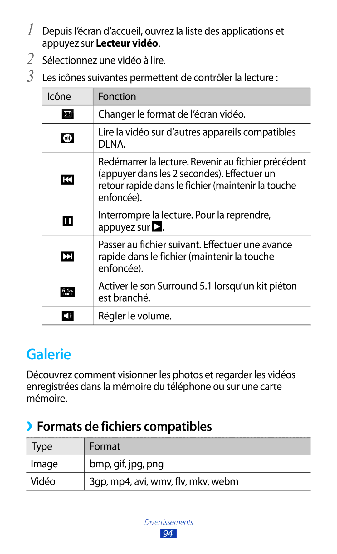 Samsung GT-N7000ZBASFR, GT-N7000ZIABOG, GT-N7000ZBAFTM, GT-N7000RWASFR manual Galerie, ››Formats de fichiers compatibles 