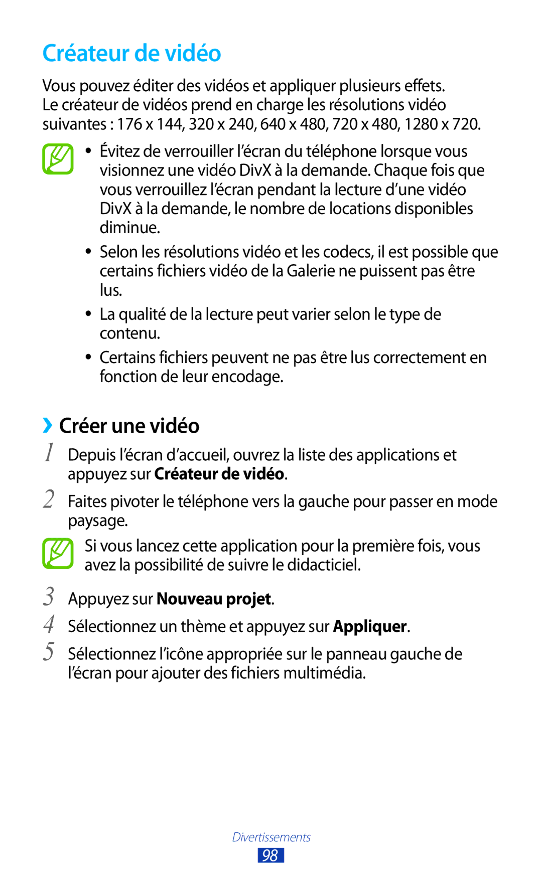 Samsung GT-N7000RWASFR, GT-N7000ZIABOG, GT-N7000ZBAFTM Créateur de vidéo, ››Créer une vidéo, Appuyez sur Nouveau projet 