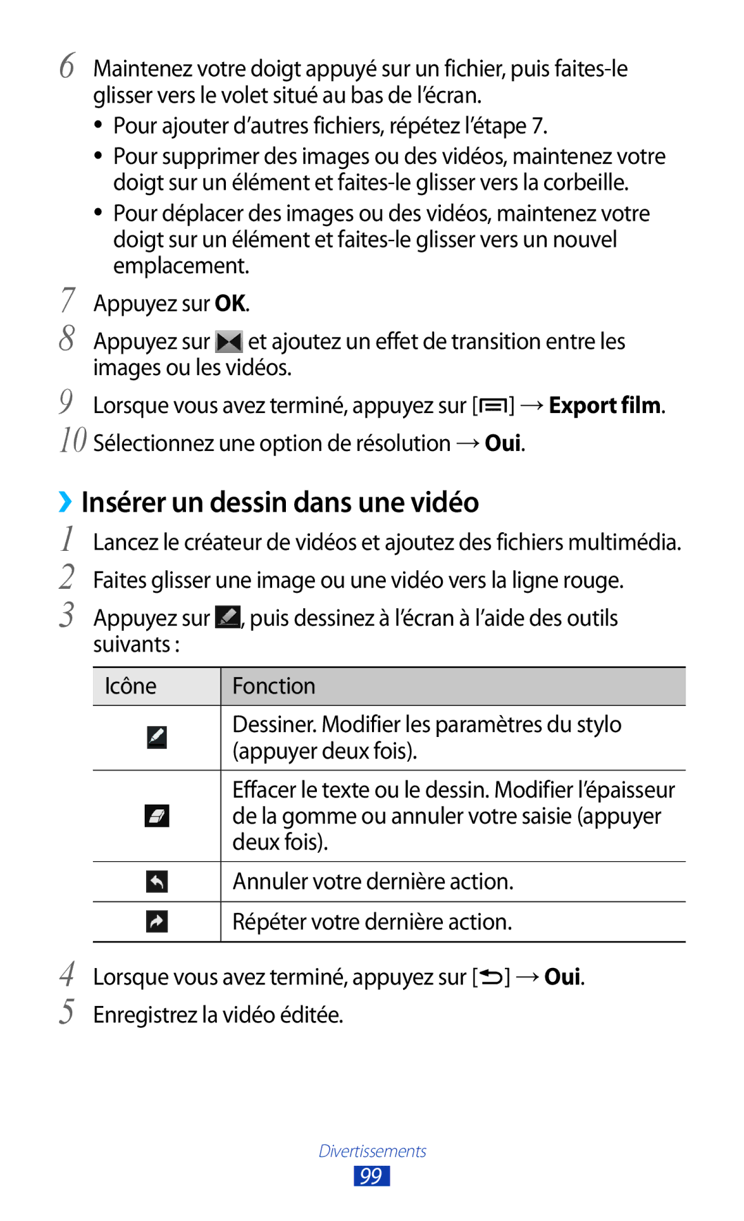 Samsung GT-N7000ZIAXEF, GT-N7000ZIABOG manual ››Insérer un dessin dans une vidéo, Deux fois, Annuler votre dernière action 