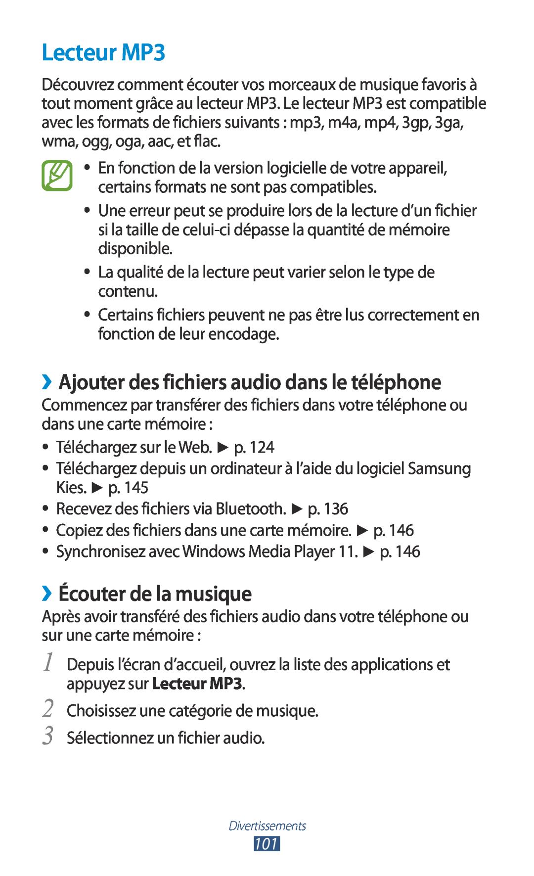 Samsung GT-N7000ZBEFTM manual Lecteur MP3, ››Ajouter des fichiers audio dans le téléphone, ››Écouter de la musique 
