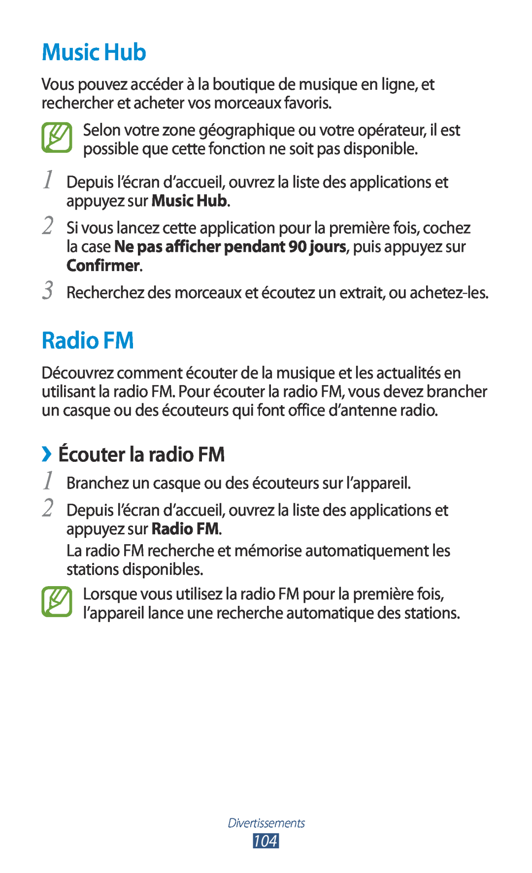 Samsung GT-N7000RWAXEF, GT-N7000ZIABOG, GT-N7000ZBAFTM, GT-N7000RWASFR manual Music Hub, Radio FM, ››Écouter la radio FM 