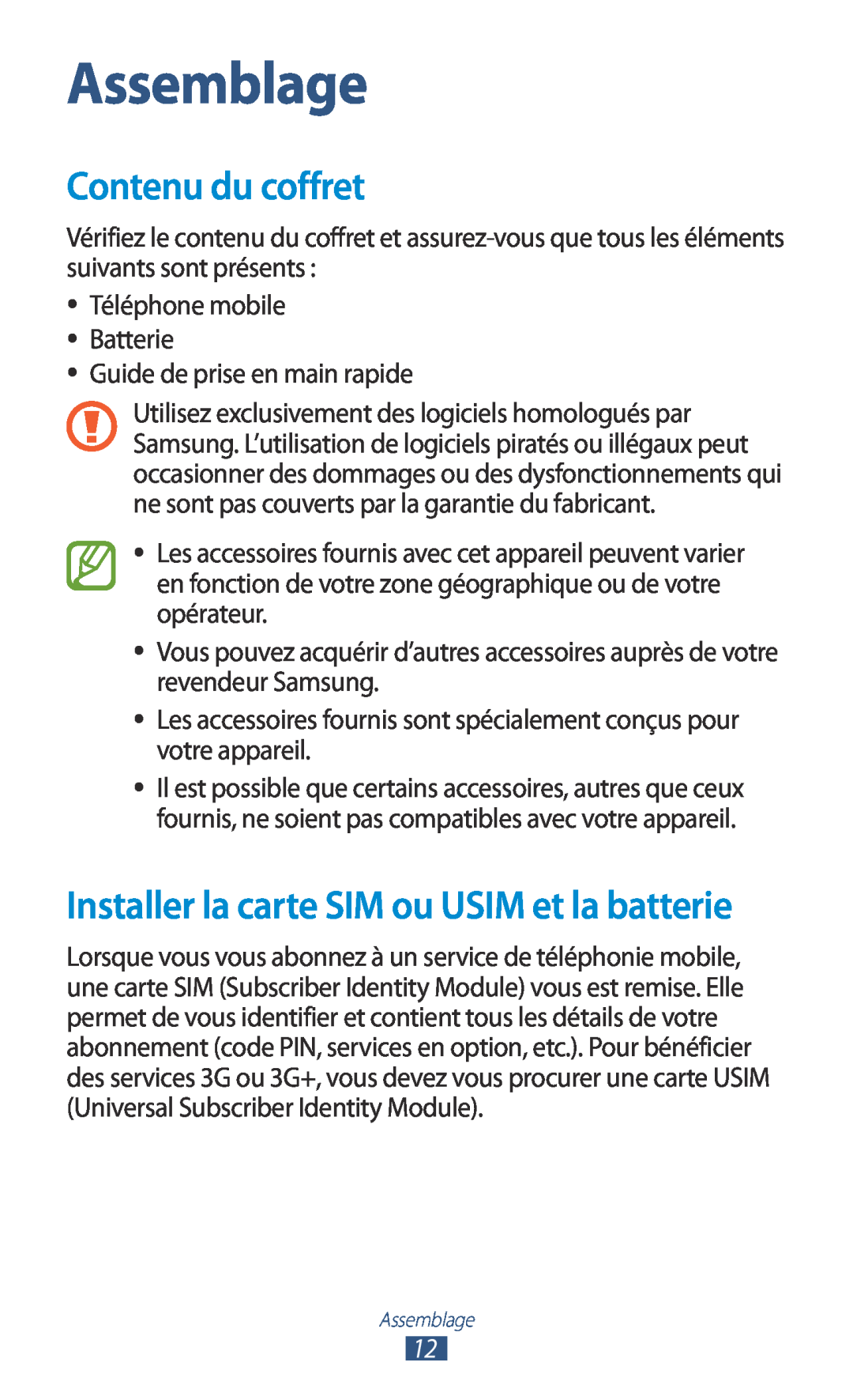 Samsung GT-N7000ZIAFTM, GT-N7000ZIABOG manual Assemblage, Contenu du coffret, Installer la carte SIM ou USIM et la batterie 