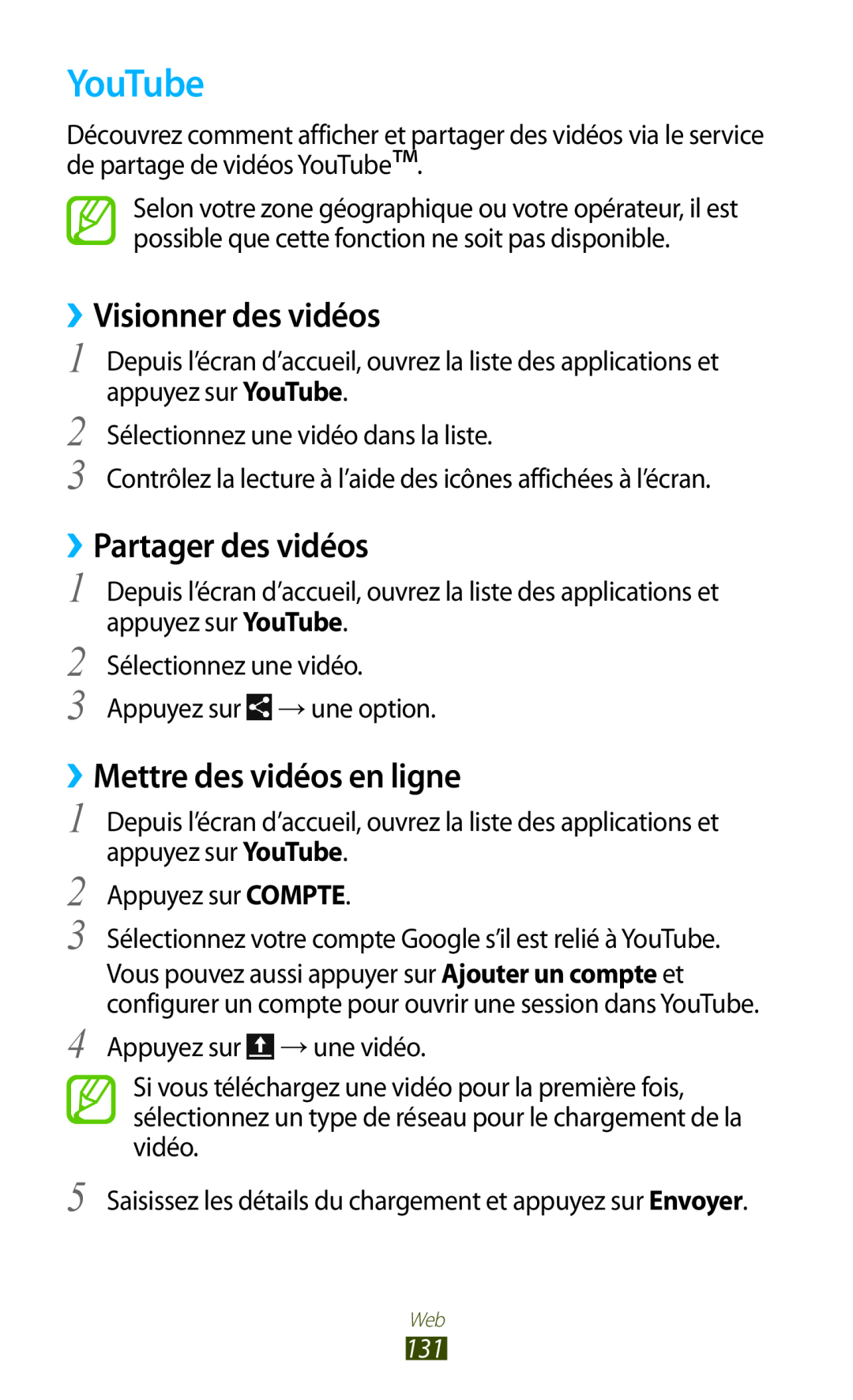 Samsung GT-N7000ZIAXEF manual YouTube, ››Visionner des vidéos, ››Partager des vidéos, ››Mettre des vidéos en ligne 