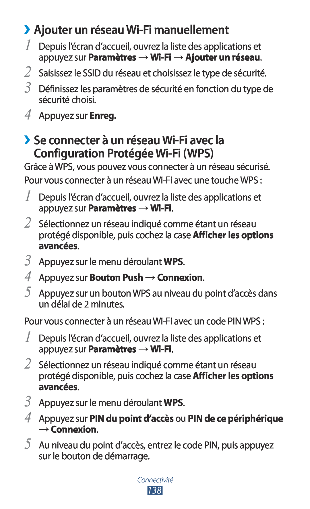 Samsung GT-N7000ZBAXEF manual ››Ajouter un réseau Wi-Fi manuellement, ››Se connecter à un réseau Wi-Fi avec la, → Connexion 