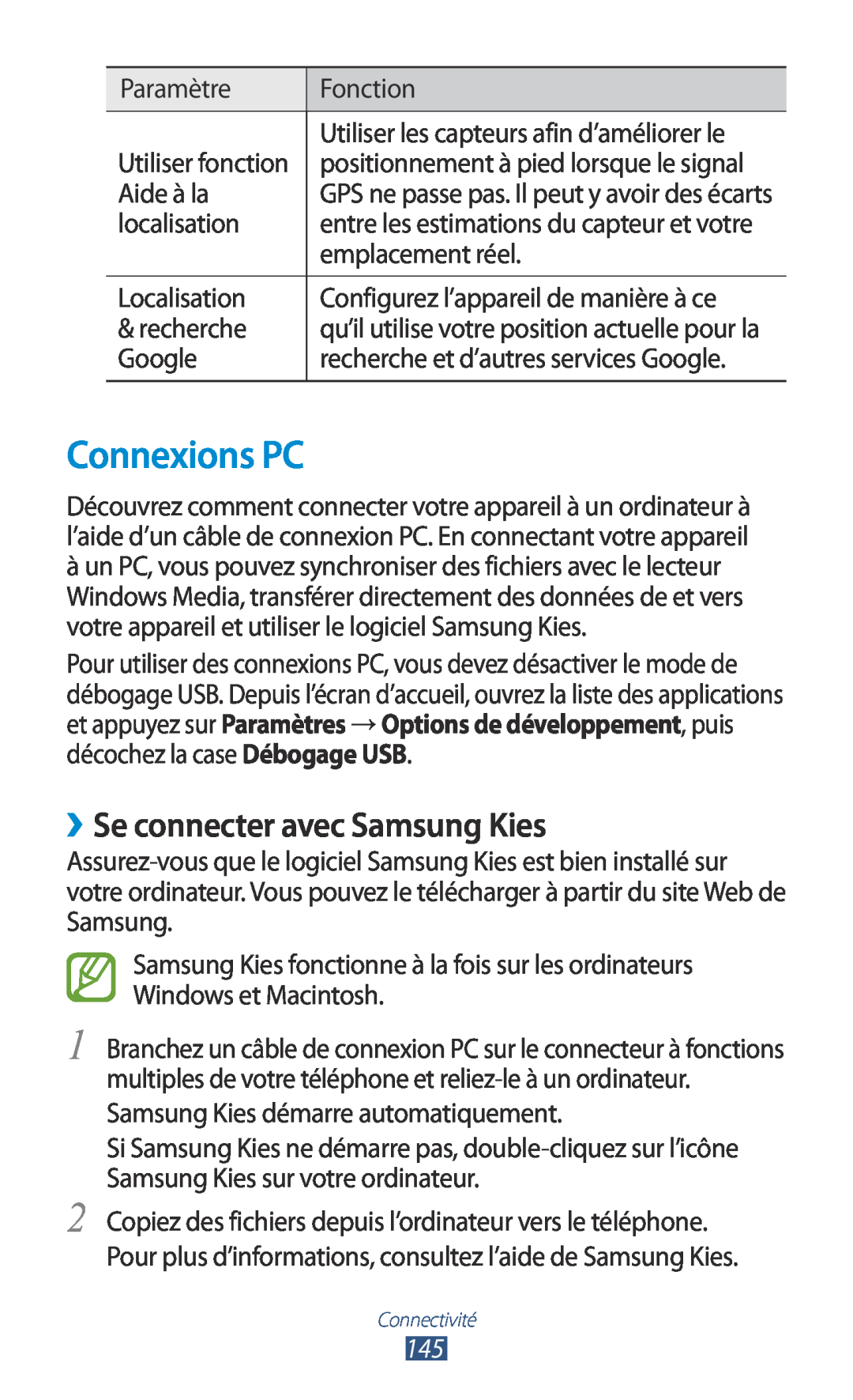 Samsung GT-N7000ZBAFTM, GT-N7000ZIABOG, GT-N7000RWASFR, GT-N7000ZIAXEF manual Connexions PC, ››Se connecter avec Samsung Kies 