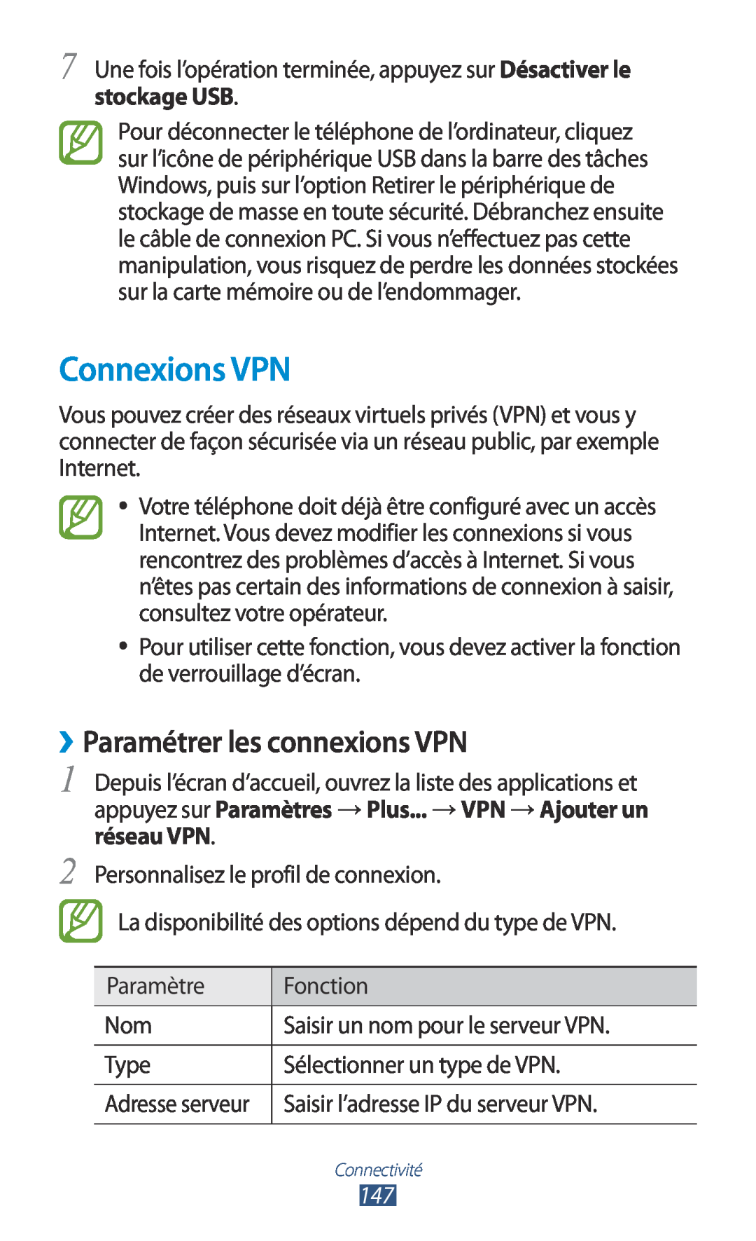 Samsung GT-N7000ZIAXEF, GT-N7000ZIABOG, GT-N7000ZBAFTM, GT-N7000RWASFR manual Connexions VPN, ››Paramétrer les connexions VPN 