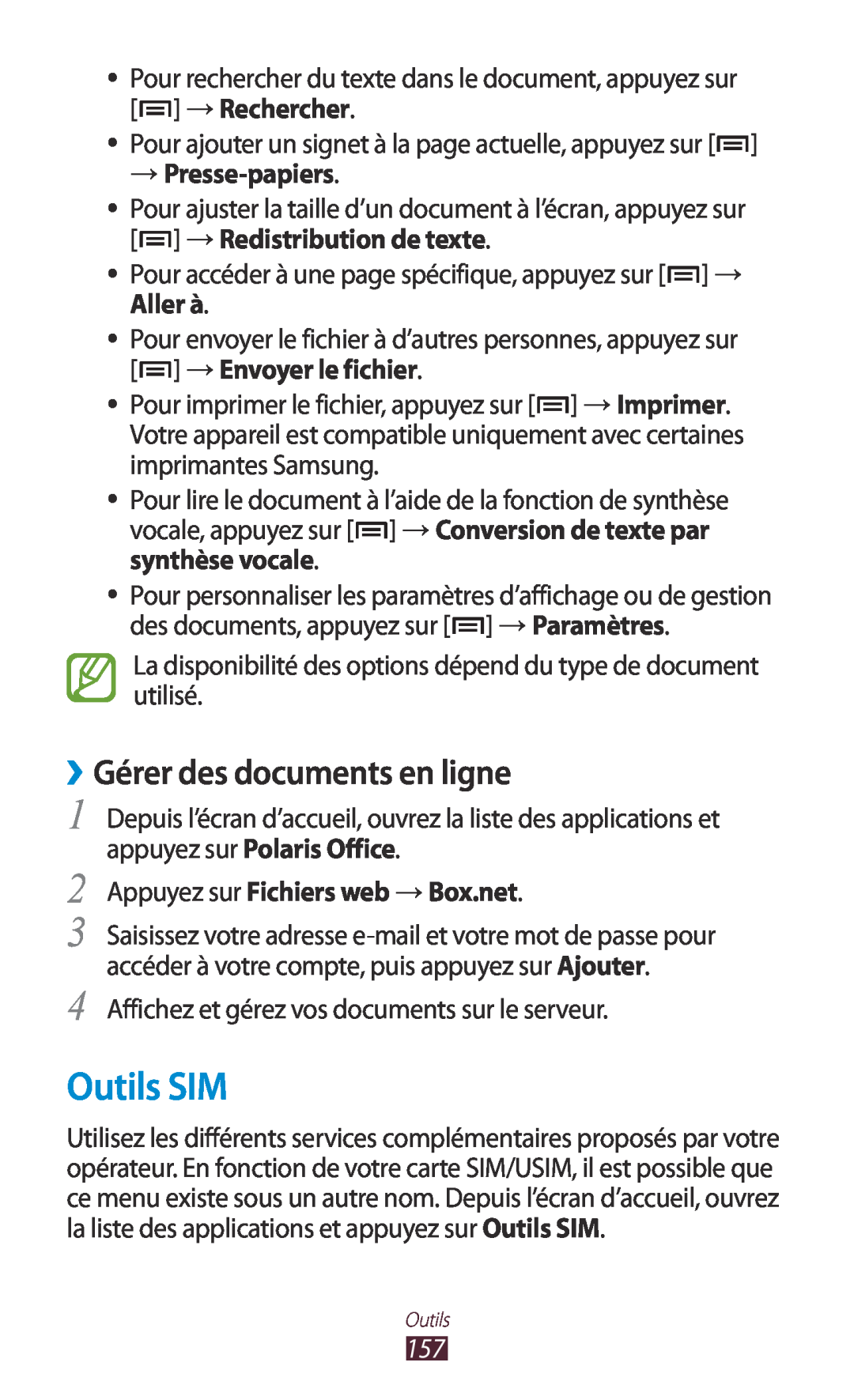 Samsung GT-N7000ZIEXEF Outils SIM, ››Gérer des documents en ligne, → Presse-papiers, Appuyez sur Fichiers web → Box.net 