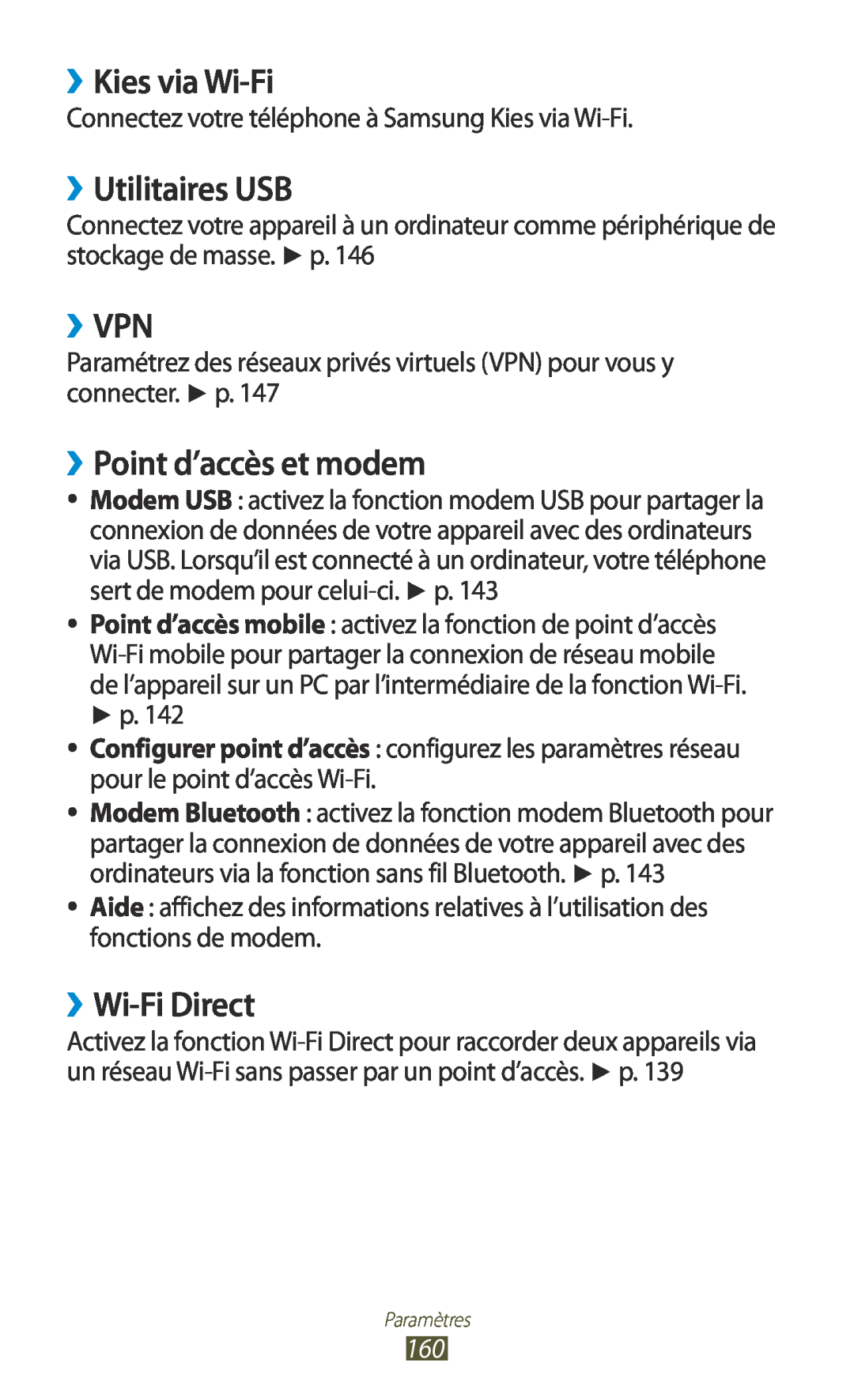 Samsung GT-N7000ZIABOG manual ››Kies via Wi-Fi, ››Utilitaires USB, ››Vpn, ››Point d’accès et modem, ››Wi-Fi Direct 