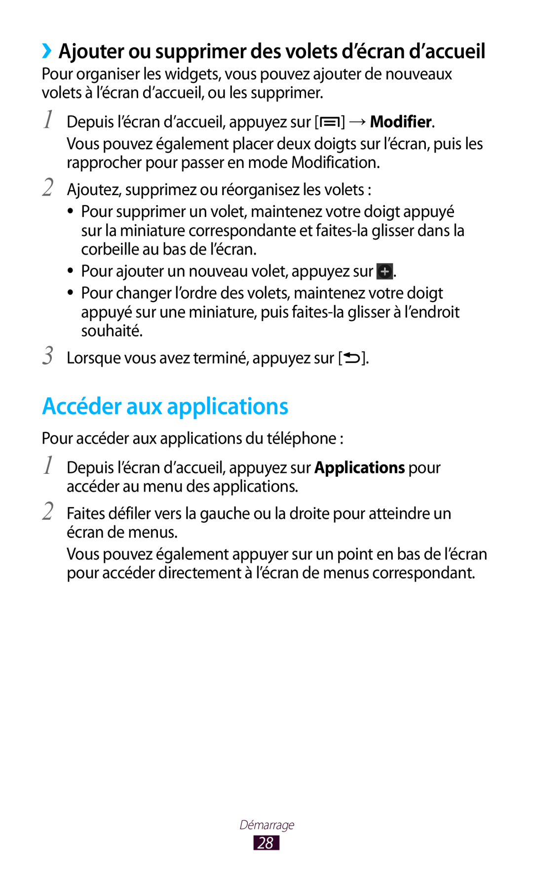 Samsung GT-N7000ZIAFTM, GT-N7000ZIABOG manual Accéder aux applications, ››Ajouter ou supprimer des volets d’écran d’accueil 