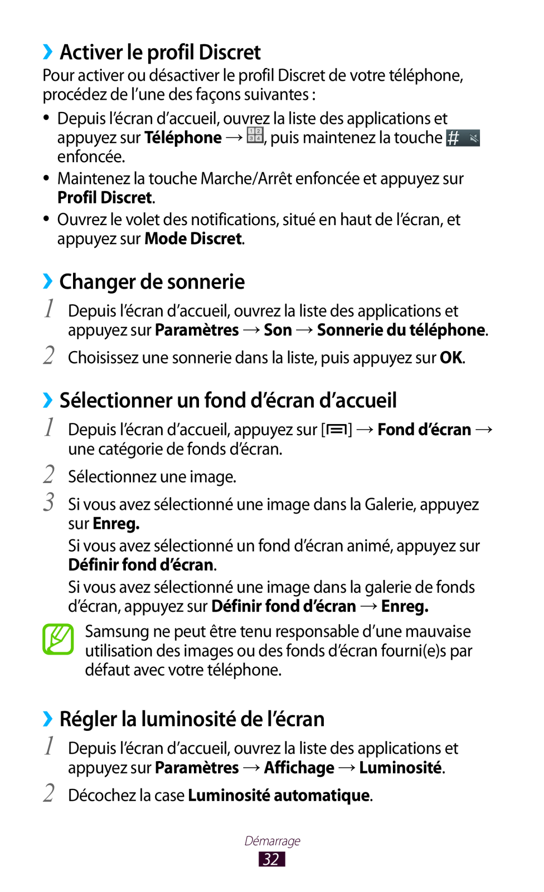 Samsung GT-N7000ZIABOG manual ››Activer le profil Discret, ››Changer de sonnerie, ››Sélectionner un fond d’écran d’accueil 