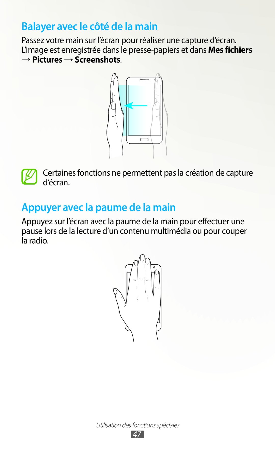 Samsung GT-N7000ZBABOG manual Balayer avec le côté de la main, Appuyer avec la paume de la main, → Pictures → Screenshots 