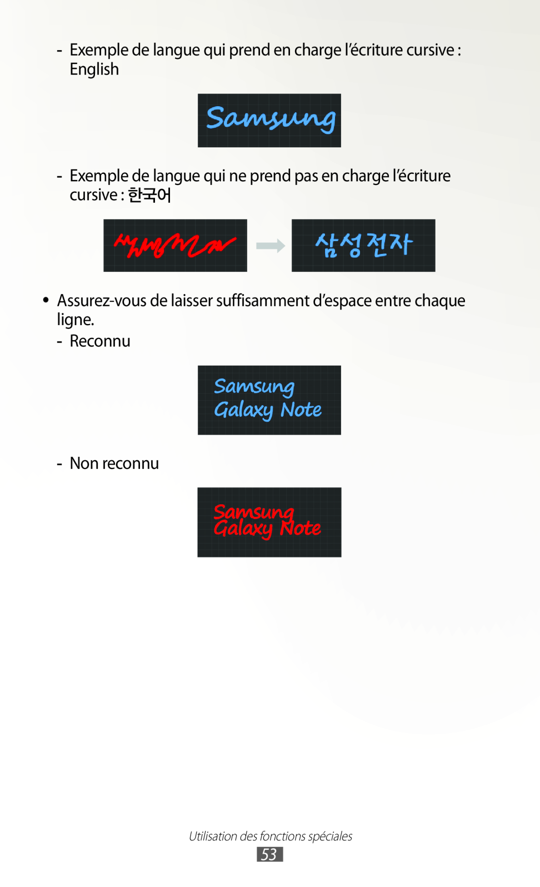 Samsung GT-N7000ZBEFTM manual Exemple de langue qui prend en charge l’écriture cursive English, Reconnu Non reconnu 