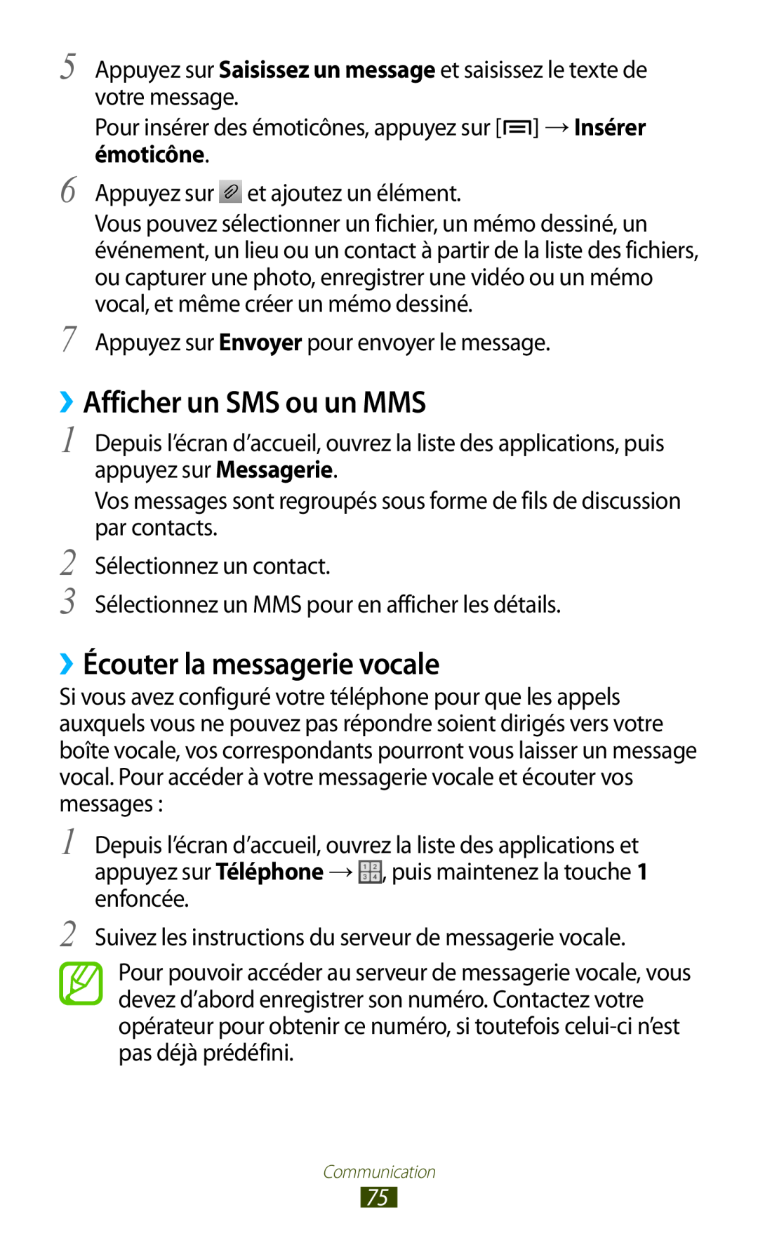 Samsung GT-N7000ZIASFR, GT-N7000ZIABOG, GT-N7000ZBAFTM manual ››Afficher un SMS ou un MMS, ››Écouter la messagerie vocale 