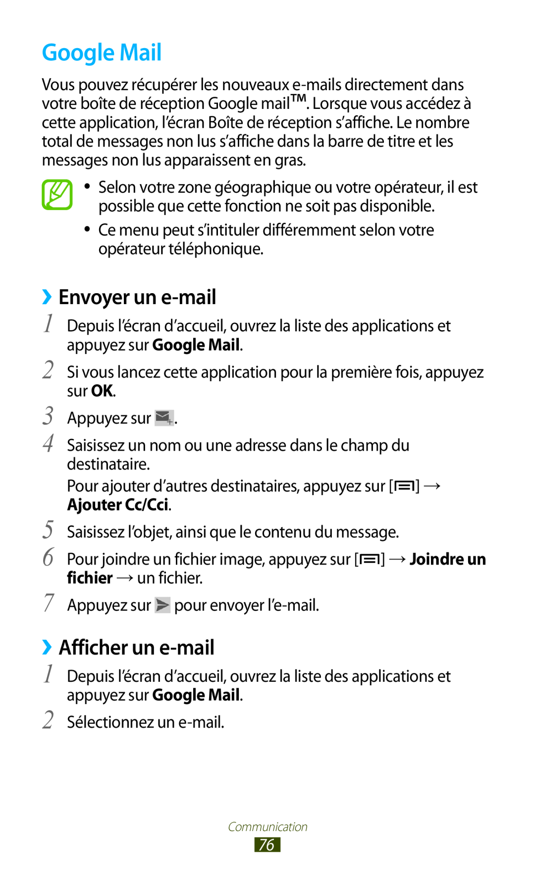 Samsung GT-N7000ZIAFTM, GT-N7000ZIABOG, GT-N7000ZBAFTM manual Google Mail, ››Envoyer un e-mail, ››Afficher un e-mail 