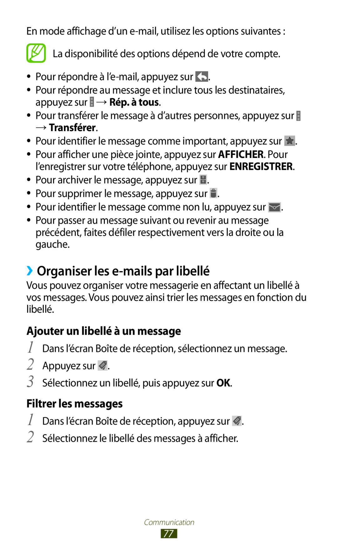 Samsung GT-N7000ZIEXEF manual ››Organiser les e-mails par libellé, Ajouter un libellé à un message, Filtrer les messages 