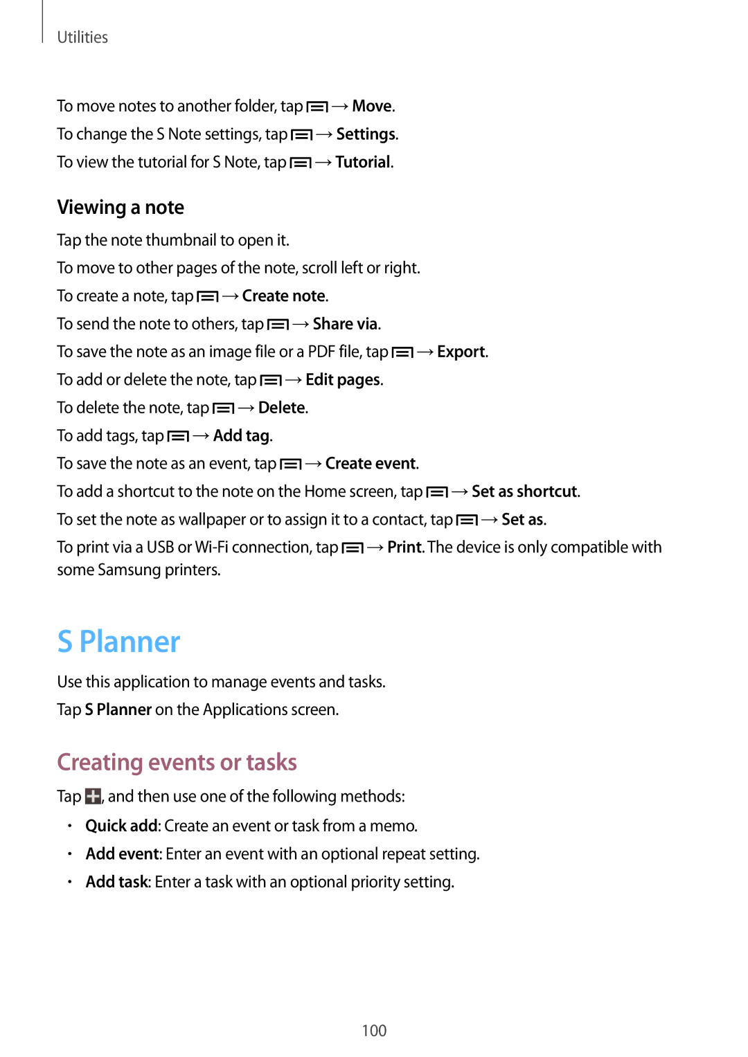 Samsung GT-N7100 user manual Planner, Creating events or tasks, Viewing a note 