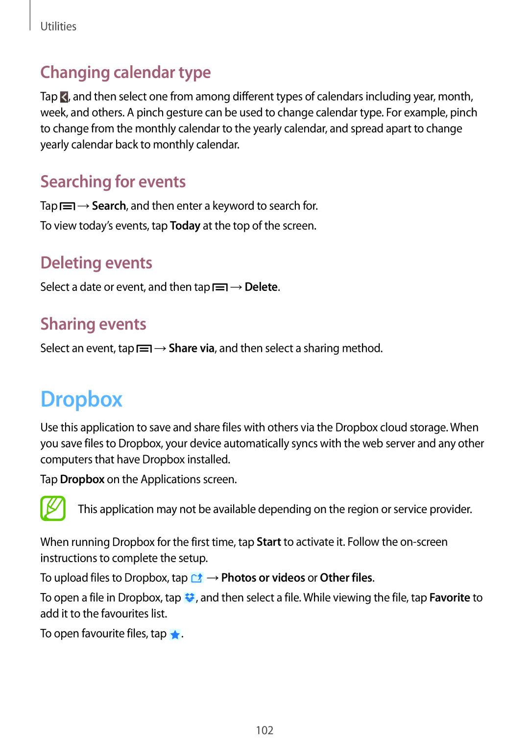 Samsung GT-N7100 user manual Dropbox, Changing calendar type, Searching for events, Deleting events, Sharing events 