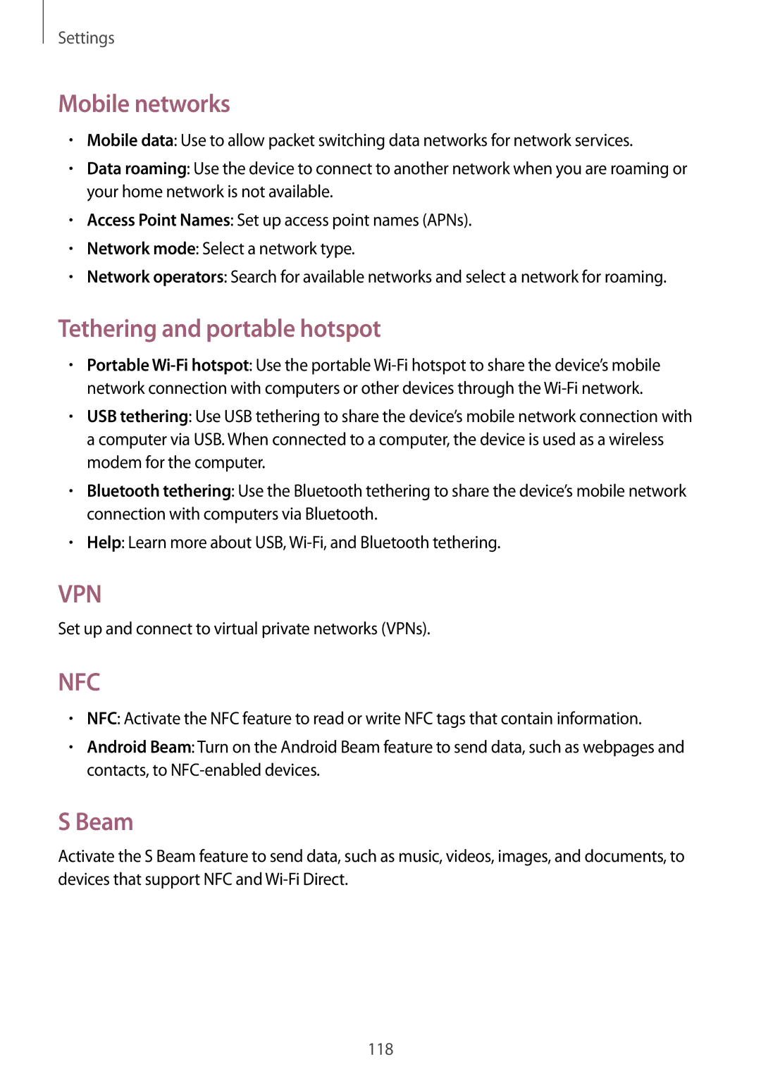 Samsung GT-N7100 user manual Mobile networks, Tethering and portable hotspot, Beam 