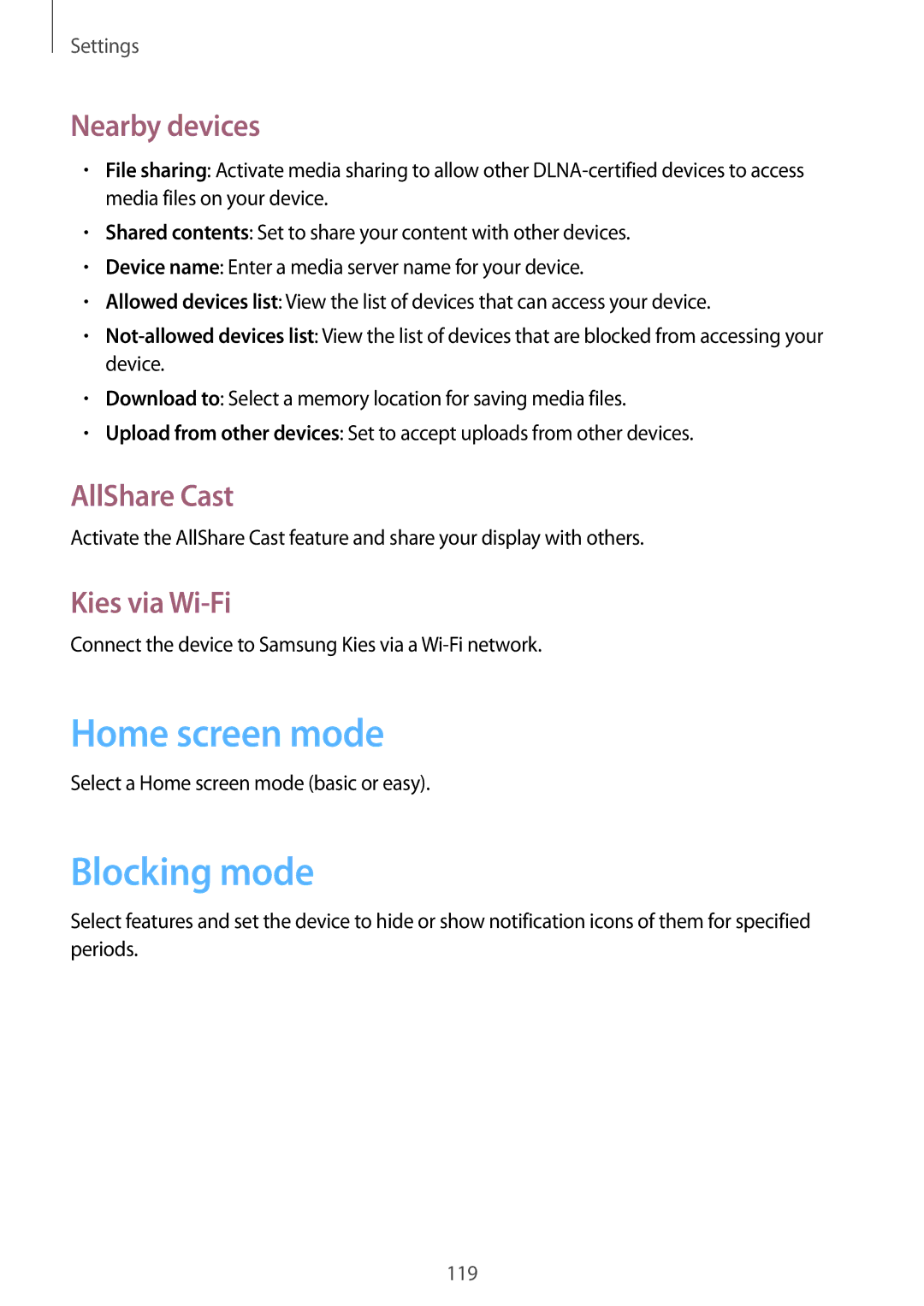 Samsung GT-N7100 user manual Home screen mode, Blocking mode, Nearby devices, AllShare Cast, Kies via Wi-Fi 